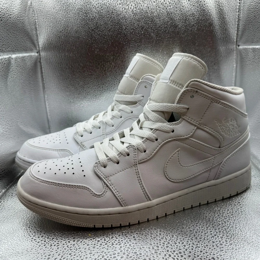 Size 12 - Nike Air Jordan 1 Mid White Leather Basketball Sneakers‎ 554724-136